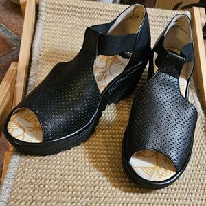 Fly London Black Perforated Leather T-Strap Wedge Sandals Size 39 W (US 8–8.5)